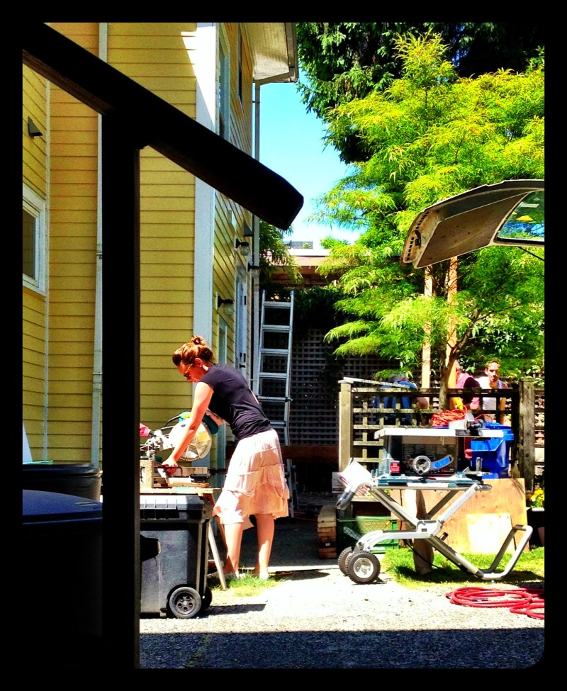 K's second attempt with power tools. Clearly very boss-like in a skirt. 